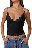 QINSEN Women’s Black Double-Layer Lace Trim Crop Top – Adjustable Thin Straps with Quick-Release Buckles, Smooth Ribbed Base + Contrast Lace Trim, Summer Layering Piece 2026 XL