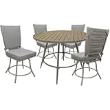Pemberly Row 5-Piece Outdoor/Indoor Patio Dining Set, Aluminum Frame, White and Beige Finish, Removable Fabric Cushions, 42 in Round Table, Swivel Armless Chairs, All Weather Use
