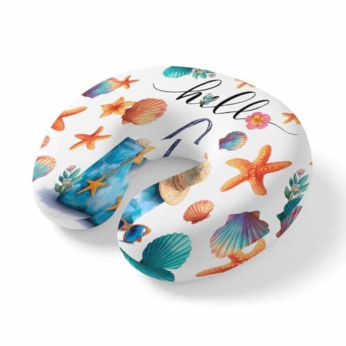 Ceahooxngas Summer Travel Pillow Memory Foam U Shaped Neck Pillow, Watercolor Beach Bag Seashell Starfish Sunglasses Lightweight Portable Soft Headrest for Airplane Car Office Home, 11.4"x11.4"x3.9"