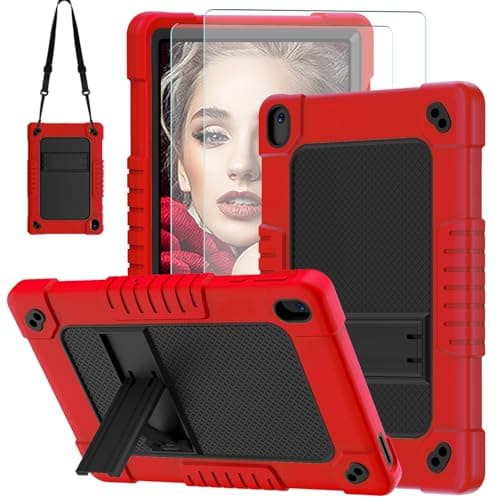 JBuwsdan Compatible with Walmart Onn 10.1 inch Tablet Case (2024 Model) 100135925 Soft Silicone Hard Back Hybrid Cover & Adjustable Shoulder Strap Kickstand 2 Pcs HD Screen Protector (RedBlack+2Pcs)