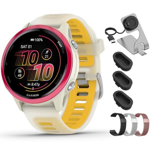 Garmin Forerunner 570-42mm GPS Smartwatch Aluminum and Bone/Mango Band 010-02970-02 Bundle with Deco Essentials 20mm Milanese Band 3 Pack, Charging Dock and Silicone Dust Cover 3 Pack