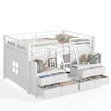 Bellemave Full Size Loft Bed with 8 Non-Woven Fabric Storage Drawers and Bookshelf, Low Loft Bed with Lights and Private Play Curtain, Full Loft Beds with High Rails, Noise Reduced White