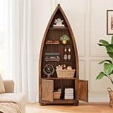 PADMA HOUSE 71" H Boat Shaped Bookcase with Glass Shelves, Solid Wood Display Bookshelf with Doors and Storage Cabinet, 5-Tier Modern Storage Organizer Kitchen Pantry for Living Room Office Library