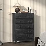 Chogori Solid Wood Vertical File Cabinet, 5 Drawer Office Filing Cabinet with Metal Pull Handles, Farmhouse Tall Storage Cabinet for Home Office, Study Room, Black & Gray Oak Finish (Black)