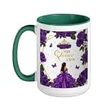 Mis Quince Años Enchanted Rose Purple Floral Princess Decor Ceramic Mug, Dark Green/White, 15oz
