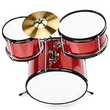 3-Piece Kids Drum Set, 14x10 Inch Junior Beginner Percussion Kit with Drum Stool, Pedal, Drumsticks, Wrench & Cymbal, Portable Red Musical Instrument Gift Set