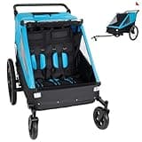 2 in 1 Kids Bike Trailer and Stroller for 1 to 2 Children, Jogging Function, Foldable Compact Storage with Universal Bike Hitch (Black+Blue + Steel)