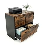 Garvee 4 Drawer File Cabinet with Lock, Wooden Lockable File Cabinets Printer Stand for Home Office, Lateral Filing Cabinet for Letter/A4 Size Files, Black Rustic Brown