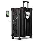 Krute Aluminum Frame Luggage 28 Inch Checked Suitcase With Wheels No Zipper PC Hard Shell Suitcases with Cup Holder and Charger Zipperless Large Travel Luggage