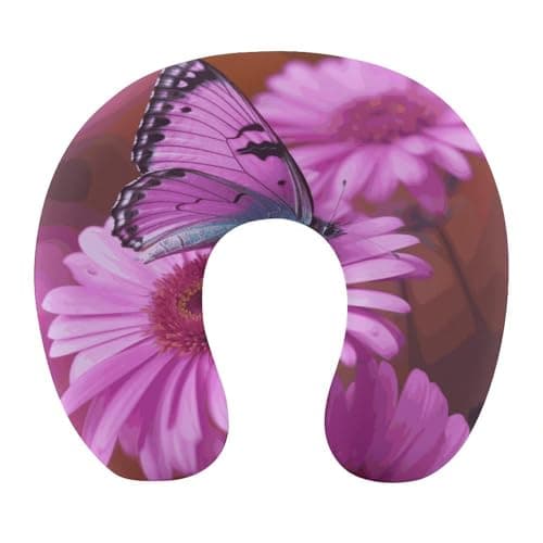 NHSGDUA Pink Flower Purple Butterfly U-Shaped Neck Pillow, Memory Foam Travel Neck Pillows Compact and Ergonomic Design,Airplane Pillow for Traveling Car Home Office