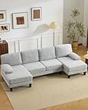 Karl home 110" U-Shape Sectional Couches for Living Room Chenille Upholstery 4 Seat Sofa Set with Double Chaises & Wood Grain Legs for Apartment, White & Grey