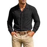 Lmdudan Men's Linen Collared Button Down Shirt Loose Fit Long Sleeve Blouses Western Casual Shirts Trendy with Chest Pocket Black