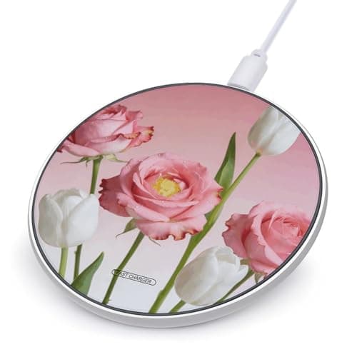 Pink White Flower Wireless Charger with Aluminum Alloy Frame Qi Certified Fast Wireless Charging Pad 10W Charging Station Portable Phone Charger for All Wireless Charging Phone
