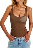 Built in Bra Tank Tops for Women Adjustable Straps Camisole Tops Square Neck Seamless Summer Going Out Tops Padded Base Layer Brown