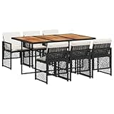 WRJENFSC 7 Piece Garden Dining Set, Outdoor Patio Furniture with Rectangular Acacia Wood Table and 6 Foldable PE Rattan Chairs, Black Rattan and Cream White Cushions for Backyard BBQ