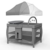 Pamo Babe 7 in 1 Pack and Play with Bassinet, Portable Crib with Mattress, Diaper Changer, Magic Fold™ One-Step Quick Setup Playard, Mosquito Net, Zipper Door, Toy Arch for Newborn to Toddler