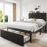 PHGLL Twin Bed Frame with Upholstered Headboard and 1 Storage Drawer, Platform Bed Frame with Charging Station, All Metal Structure, Noise Free, No Box Spring Needed, Black