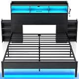 Rolanstar Bed Frame Queen Size with Bookcase Storage Headboard, Slide Out Bedside Storage, Bed with Charging Station & LED Lights, Heavy Duty Metal Slats, No Box Spring Needed, Noise Free, Black