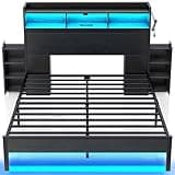 Rolanstar Bed Frame Queen Size with Bookcase Storage Headboard, Slide Out Bedside Storage, Bed with Charging Station & LED Lights, Heavy Duty Metal Slats, No Box Spring Needed, Noise Free, Black