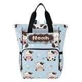 VELINTE Customizable Name Diaper Bag Cartoon Cow Birthday – Blue Baby Travel Backpack for Moms, Multi-Compartment Casual Handbag, Perfect Maternity & Travel Bag Gift