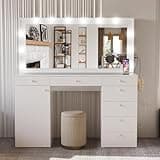 Boahaus Aria Large Vanity Desk with Framed Bulb Mirror – 7 Drawer Makeup Station with Integrated Power