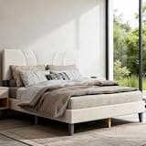 YULAFROMGD Queen Bed Frame with Upholstered Headboard and Wooden Slats Support, No Box Spring Needed, Easy Assembly, Noise Free, Beige