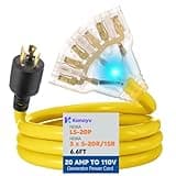 Kanayu 20 Amp to 110 Adapter Outdoor Generator Power Cord 6.6ft NEMA L5-20P to 3X 5-20R/5-15R, 3 Prong 15/20a Outlet Distribution Adapter with Lighted Indicator ETL Listed