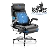 COLAMY Office Ergonomic Desk High Back Executive Chair with Pop-Out Lumbar Support, Upgraded Casters, Adjustable Headrest, Flip-Up Arms, Leather Home with Thick Cushion for Comfort - Black
