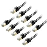 Cat 8 Ethernet Cable 6 ft 10-Pack Black, Nylon Braided High Speed Heavy Duty Network LAN Patch Cord, 40Gbps 2000Mhz RJ45 Flat Internet Cable Shielded in Wall, Indoor&Outdoor for Modem/Router/PC