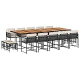 WRJENFSC 14-Piece Garden Dining Set, Large Outdoor Patio Furniture with Acacia Wood Tabletop and Synthetic Rattan Chairs, Rectangular Table and Stools for Backyard Gatherings