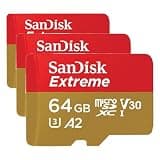 SANDISK 64GB Extreme microSDXC UHS-I Memory Card with Adapter - C10, U3, V30, 4K, 5K, A2, Micro SD Card - SDSQXAH-064G-GN6MA (Pack of 3)