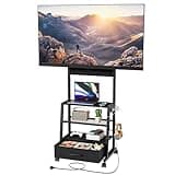 Rolling TV Stand with Wheels and Mount - Small Corner TV Stand with Power Outlet for 32-55 inch TV, Entertainment Center with Fabric Drawer Storage for Living Room Bedroom, Black