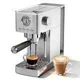 Parvusli Espresso Machine, 20 Bar Visible High Pressure Gauge, 47 OZ Water Tank with Milk Frorther Silver, Automatic Stainless Steel Espresso Maker, Gift for Coffee Machine Enthusiasts
