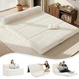 feliz home 6 inch Tri-Folding Mattress Queen Futon Sofa Bed, Convertible Foldable Mattress Foldable with Removable Cushions & Washable Cover, Floor Mattress Small Couch Bed Living Room, Queen, Beige
