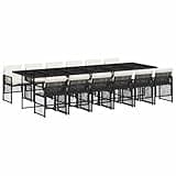 WRJENFSC 13 Piece Patio Dining Set, Black PE Rattan Outdoor Furniture with 12 Seater Garden Table and Chairs, Tempered Glass Top and Cream White Cushions for Backyard Deck
