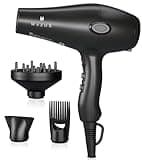 WAZOR 1875W Ionic Hair Dryer for Professional Salon & Home, 3 Heat/2 Speed + Cool Shot, with Diffuser, Comb & Concentrator, Black