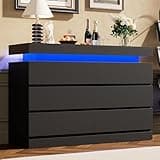 Garvee 6 Drawer Dresser for Bedroom - 47” Wide Chest of Drawers with LED Light and Charging Station, Large TV Stand Multi-Function Home Organizer for Living Room, Entryway, Hallway, Black