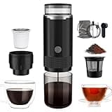 Aromilo Portable Travel Coffee Maker, 3-in-1 Camping Coffee Machine with USB-C for Travel Car,Cordless Battery Powered,Rechargable,Compatible with Ground Coffee,Capsules,Tea, 6OZ Cup,Black,170ml