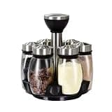 mkeodm Kitchen rotating spice rack storage set, 360 degree rotating bracket, 6 glass jars, blank labels, space saving storage solution, suitable for kitchen and table use