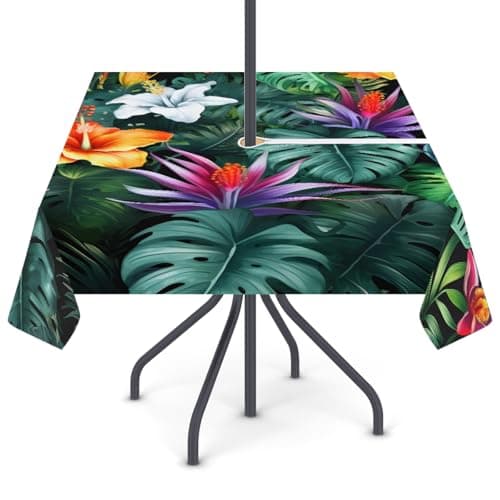 Obtravar Tropical Flowers Palm Leaves Square Outdoor Tablecloth with Umbrella Hole Waterproof Zippered Table Covers for Spring Summer Patio Party Dinner Garden, 60 x 60 Inch