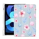 MAYCAR Beach Flower Shell Conch Case for iPad 9th/8th/7th Generation 10.2" 2021/2020/2019 with Pencil Holder,Trifold Stand Auto Sleep/Wake Slim Cover,Soft TPU Back Blue Leather Shell