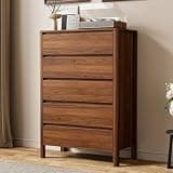 Walnut Dresser for Bedroom, 5 Drawer Dresser with Wood Legs, Tall Wood Dresser, Mid Century Modern Chest of Drawers, Large Storage Bedroom Furniture, Walnut