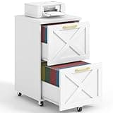 Halitaa 2 Drawer Small File Cabinet with Wheels, Farmhouse Vertical Filing Cabinet Fits A4/Letter Size, Under Desk Rolling File Cabinets for Home Office, Wooden Printer Stand, White
