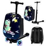 MOMOKOVA Detachable 4-in-1 Scooter Luggage for Kids, Foldable Hardside Ride-On Scooter Suitcase with Dinosaur Design & LED Wheels, Lightweight Travel Bag for All Ages (Navy)