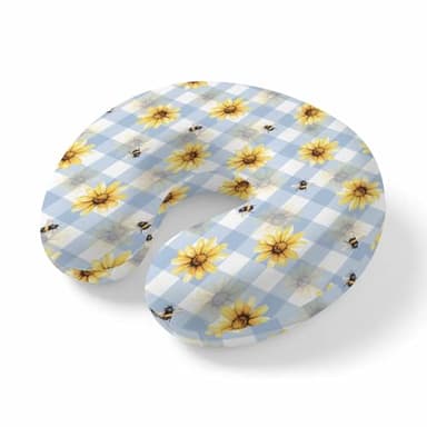 Farmhouse Sunflower Travel Pillow Memory Foam U Shaped Neck Pillow, Rustic Yellow Honey Bees Light Blue Plaid Lightweight Portable Soft Headrest for Airplane Car Office Home, 11.4"x11.4"x3.9"