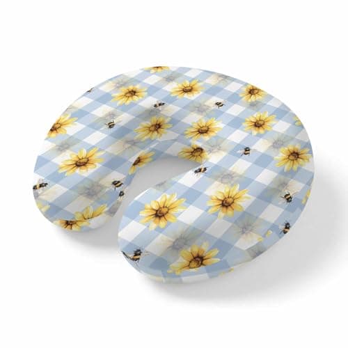 Farmhouse Sunflower Travel Pillow Memory Foam U Shaped Neck Pillow, Rustic Yellow Honey Bees Light Blue Plaid Lightweight Portable Soft Headrest for Airplane Car Office Home, 11.4"x11.4"x3.9"
