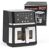 AboveMoon 8QT Stainless Steel Large Digital Air Fryer with Window for Kitchen Use