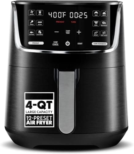 4-Quart Digital Air Fryer 1300W with 12 One-Touch Presets, FryForce 360 Technology, Touchscreen Control, Dishwasher-Safe Basket