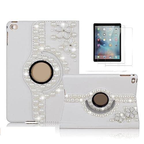 STENES Bling Case for Samsung Galaxy Tab S11 11-inch 2025 - Handmade Crystal 3D Flowers Floral 360 Degree Rotating Stand Auto Sleep/Wake PU Leather Protective Cover, White