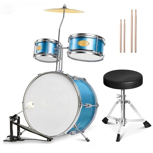 MOSEN Kids Drum Set 3-Piece Beginners, 14 inch Drum Kit with Adjustable Throne, Cymbal, Pedal & Drumsticks, Junior Drum Set with Bass Tom Snare Drum, Sky Blue